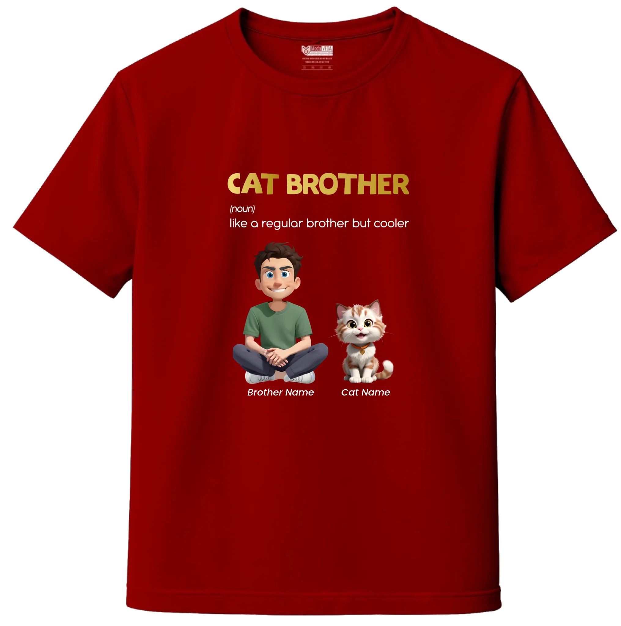 Custom Cat Brother Kids T-Shirt – Personalized Boy & Cat Cartoon with Name