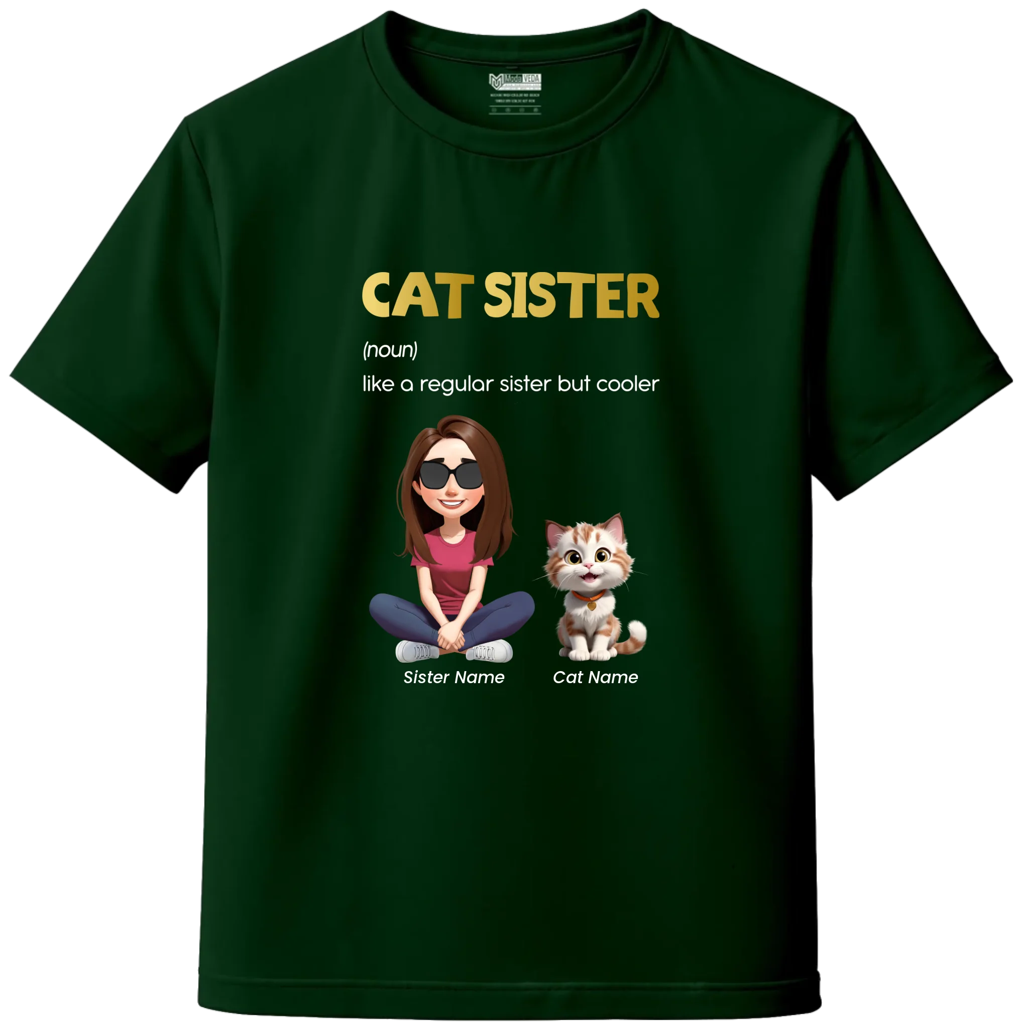 Custom Cat Sister Kids T-Shirt – Personalized Girl & Cat Cartoon with Name
