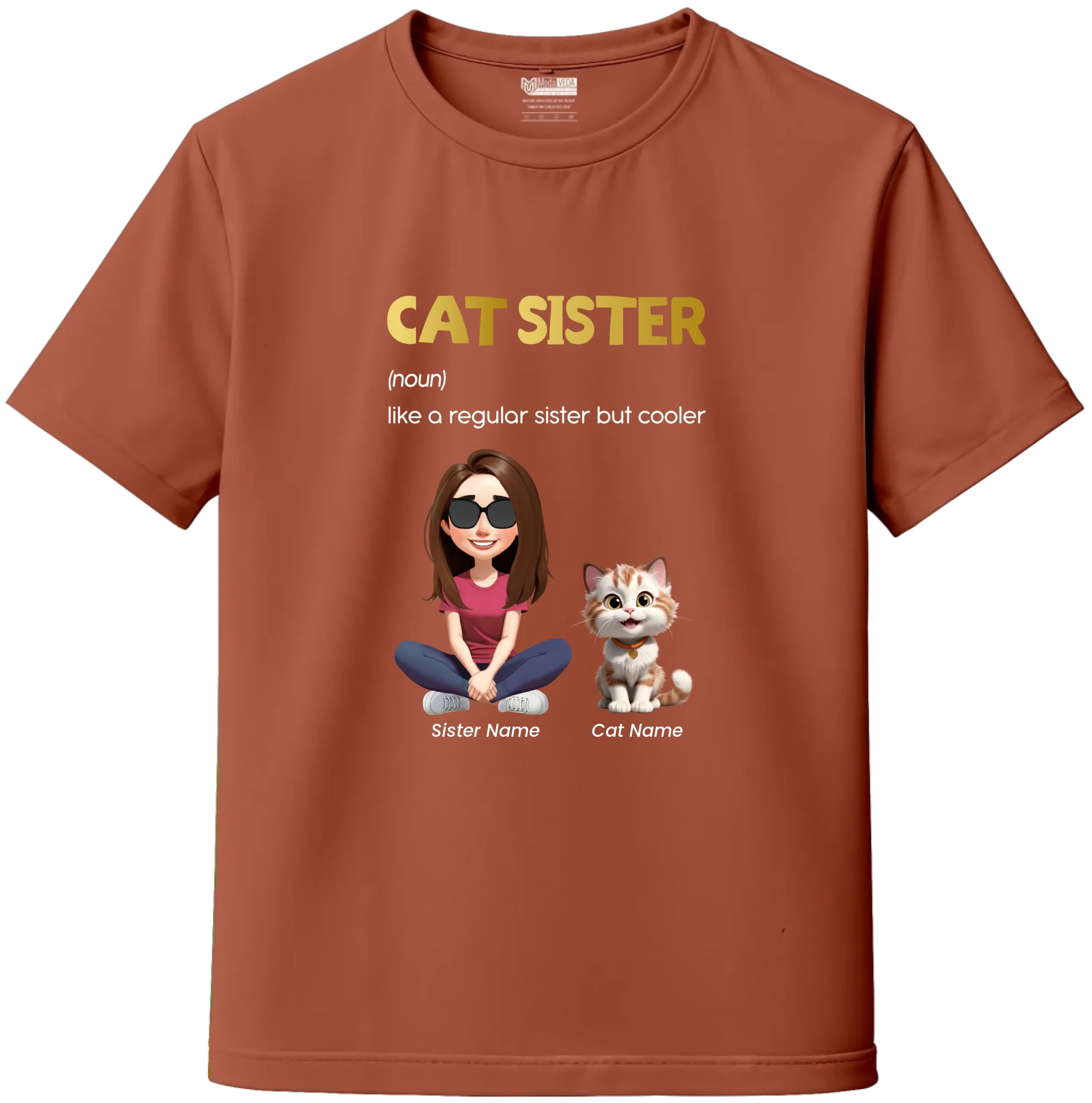 Custom Cat Sister Kids T-Shirt – Personalized Girl & Cat Cartoon with Name