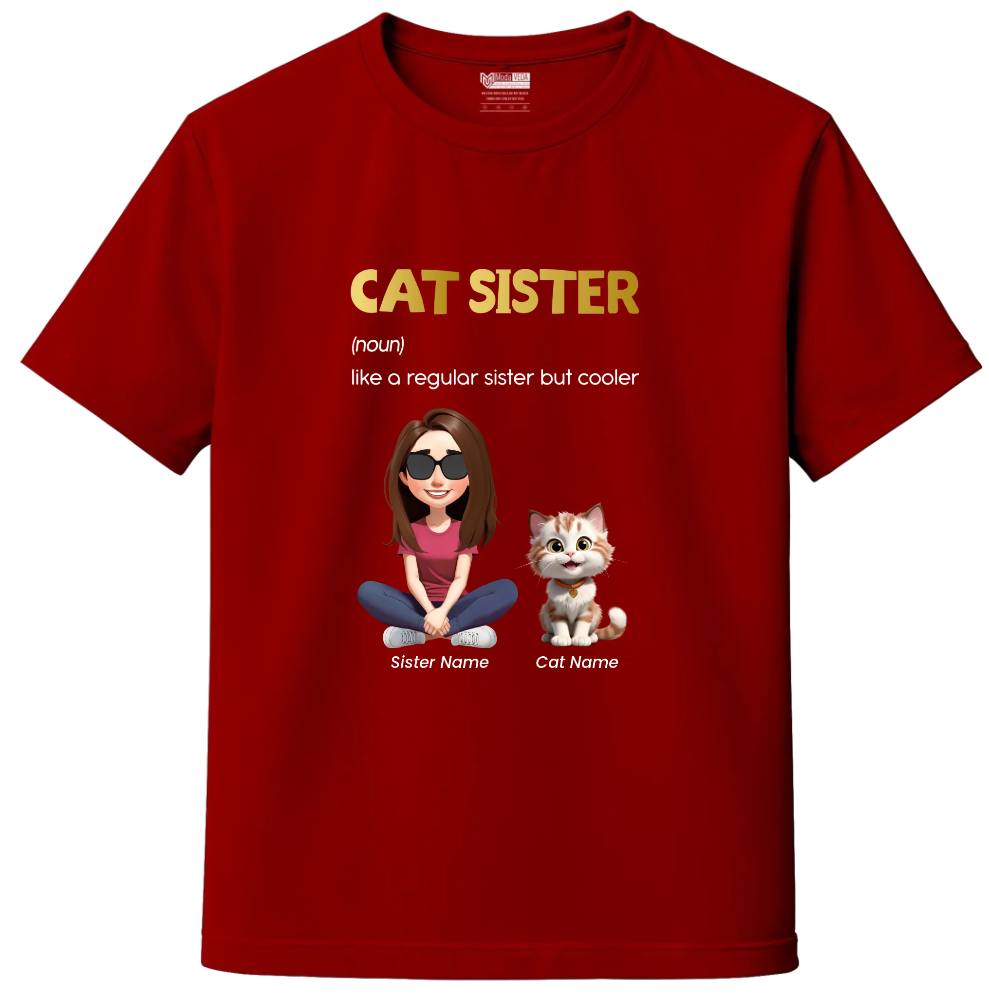 Custom Cat Sister Kids T-Shirt – Personalized Girl & Cat Cartoon with Name