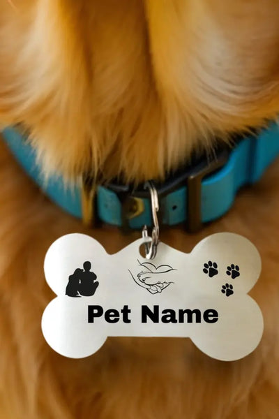 Bone-shaped stainless steel pet tag with custom name engraving—personalized dog tag India