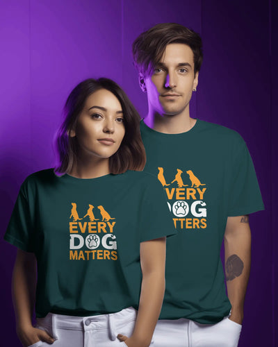 Men and women wearing Every Dog Matters dog lover bottle green t-shirt – pet lover clothing India