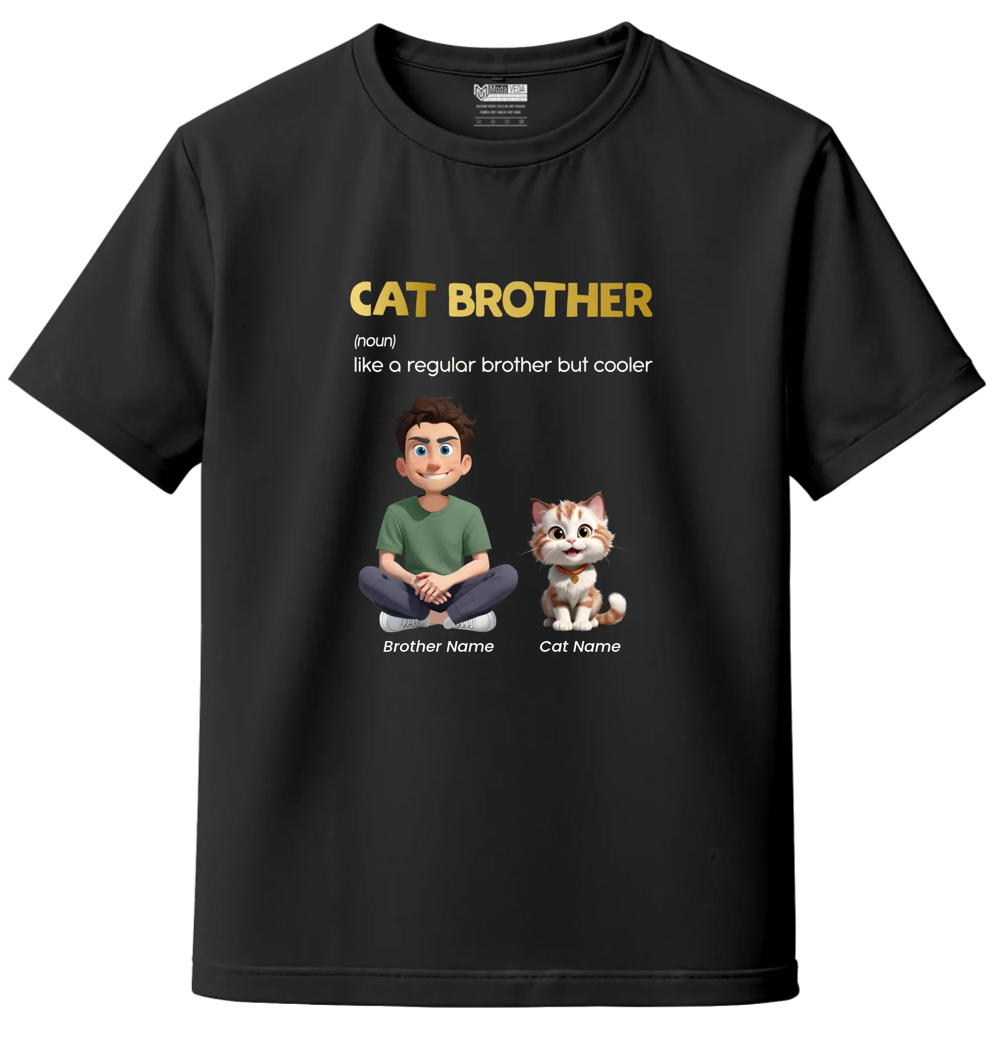Custom Cat Brother Kids T-Shirt – Personalized Boy & Cat Cartoon with Name