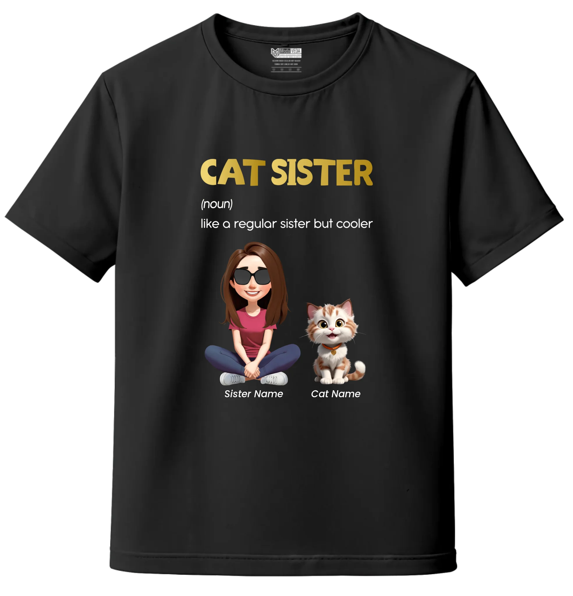 Custom Cat Sister Kids T-Shirt – Personalized Girl & Cat Cartoon with Name